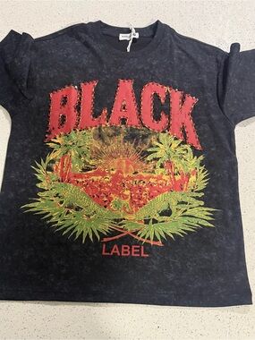 Black Label Black Tee with Red & Green Tropical Graphic